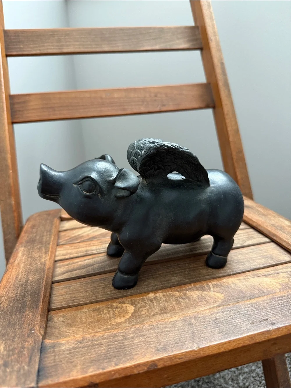 Whimsical Winged Pig Figurine Black Decorative Statue 5”